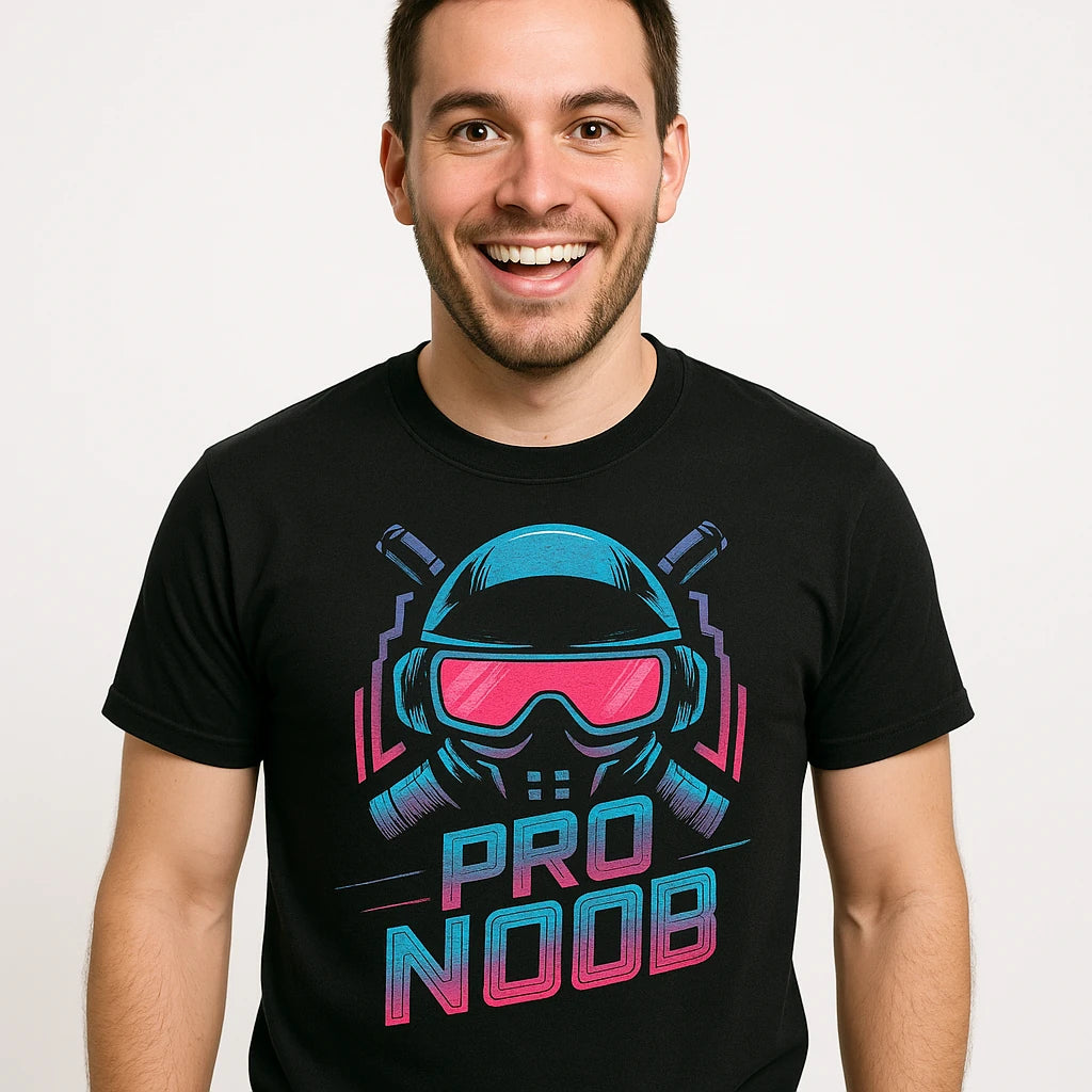 Close-up of the "Pro Noob" teal print on a premium Bella+Canvas black esport t shirt
