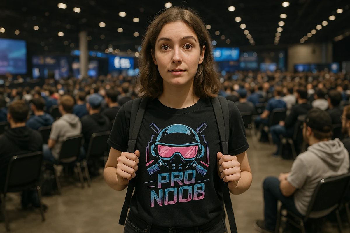 Lifestyle shot of the "Pro Noob" black esport t shirt in a real-world setting
