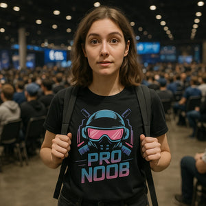 Lifestyle shot of the "Pro Noob" black esport t shirt in a real-world setting
