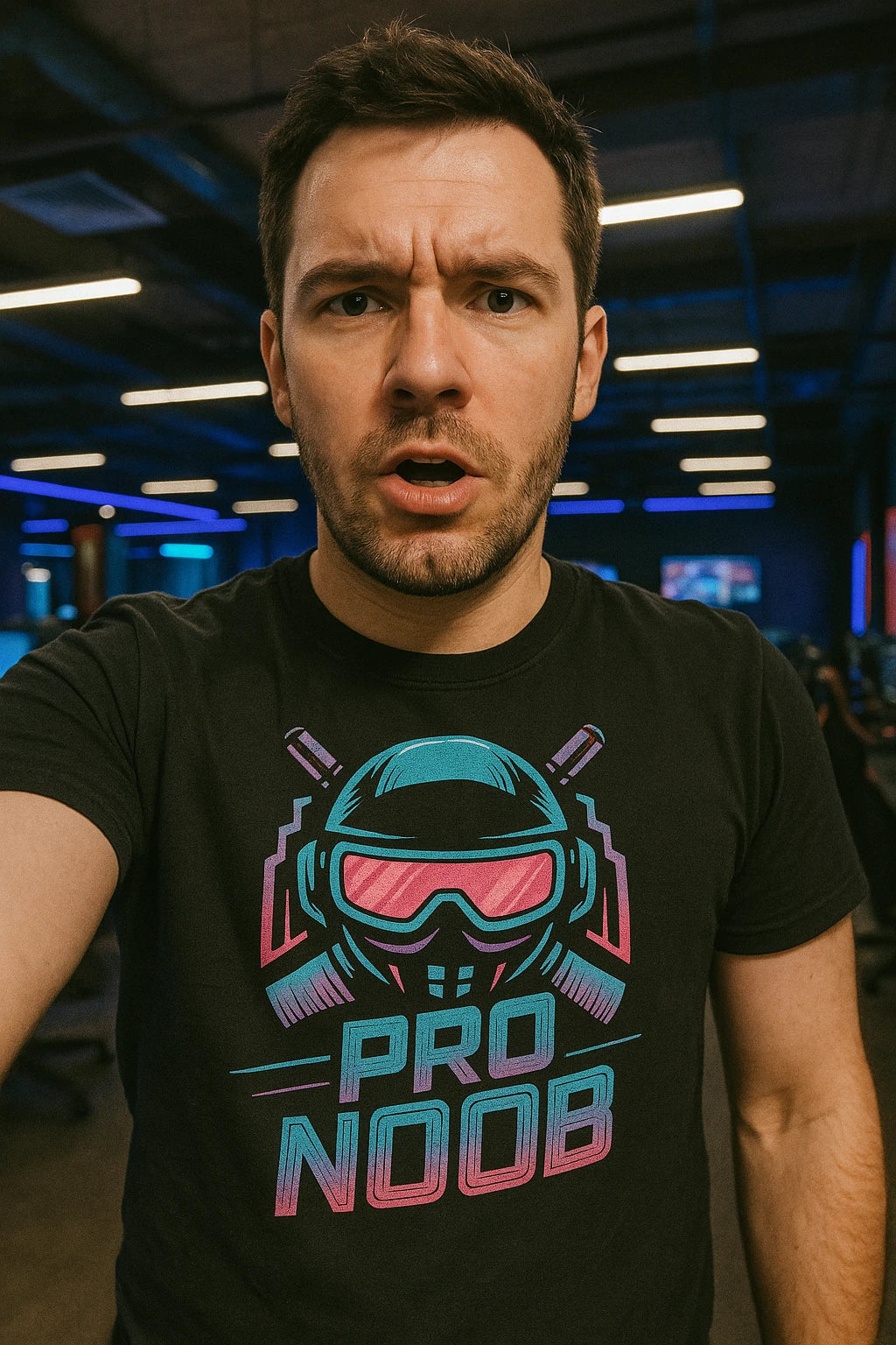 "Pro Noob" black esport t shirt, photographed as esport lover gift