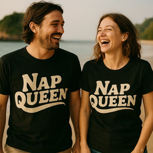 Person wearing the black relaxing t shirt graphic tee - "Nap Queen" design