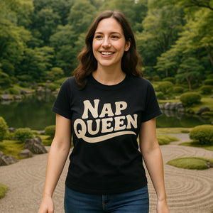 Lifestyle shot of the "Nap Queen" black relaxing t shirt in a real-world setting