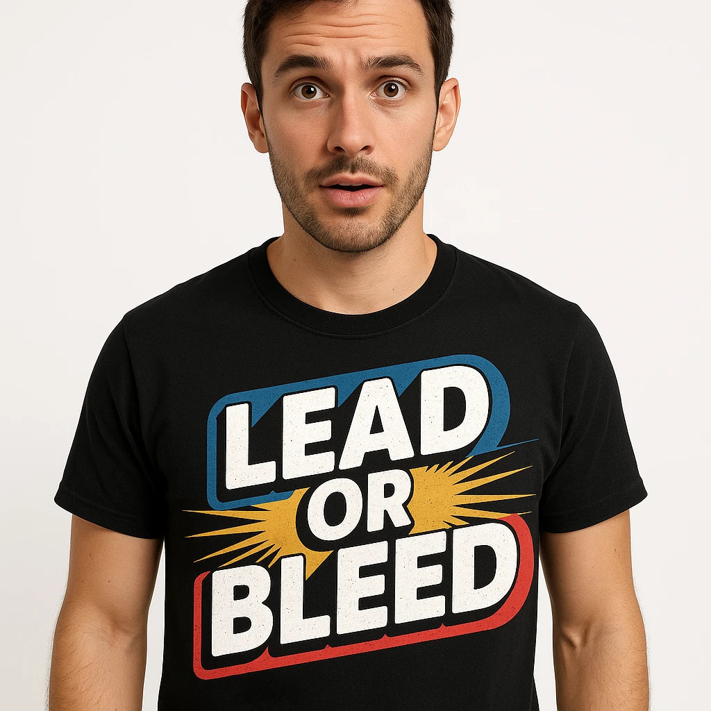 Close-up of the "Lead Or Bleed" white print on a premium Bella+Canvas black journalist shirts