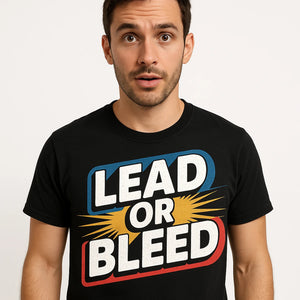 Close-up of the "Lead Or Bleed" white print on a premium Bella+Canvas black journalist shirts