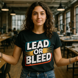 Lifestyle shot of the "Lead Or Bleed" black journalist shirts in a real-world setting