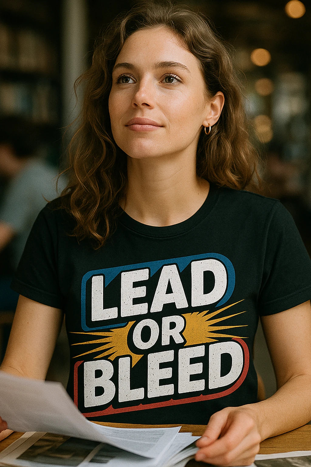 "Lead Or Bleed" black journalist shirts, photographed as journalist lover gift