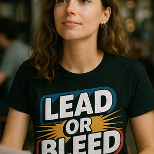 "Lead Or Bleed" black journalist shirts, photographed as journalist lover gift