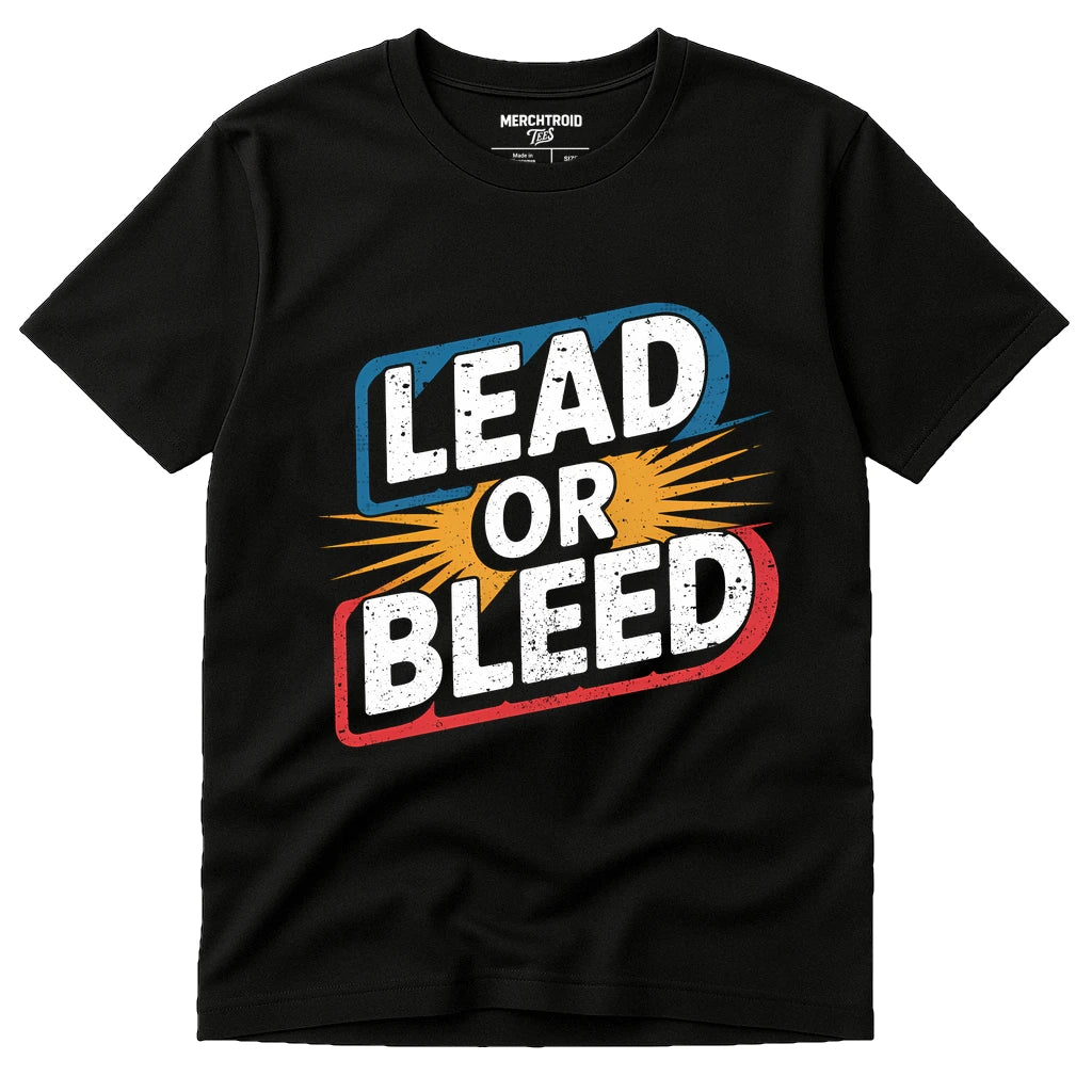 Black Journalist Shirts - "Lead Or Bleed" graphic tee with white print, flat lay product photo