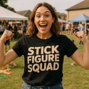 Lifestyle shot of the "Stick Figure Squad" black family life shirts in a real-world setting