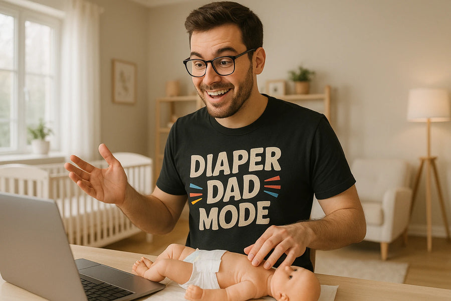 A man with glasses is wearing a t-shirt that says "DIAPER DAD MODE" and is looking at a laptop. He is smiling and has one hand on a baby doll that is wearing a diaper, which is lying on a changing table. The room has soft lighting and includes a crib and some plants.