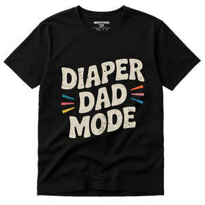 Black Diaper Duty Shirts - "Diaper Dad Mode" graphic tee with beige print, flat lay product photo
