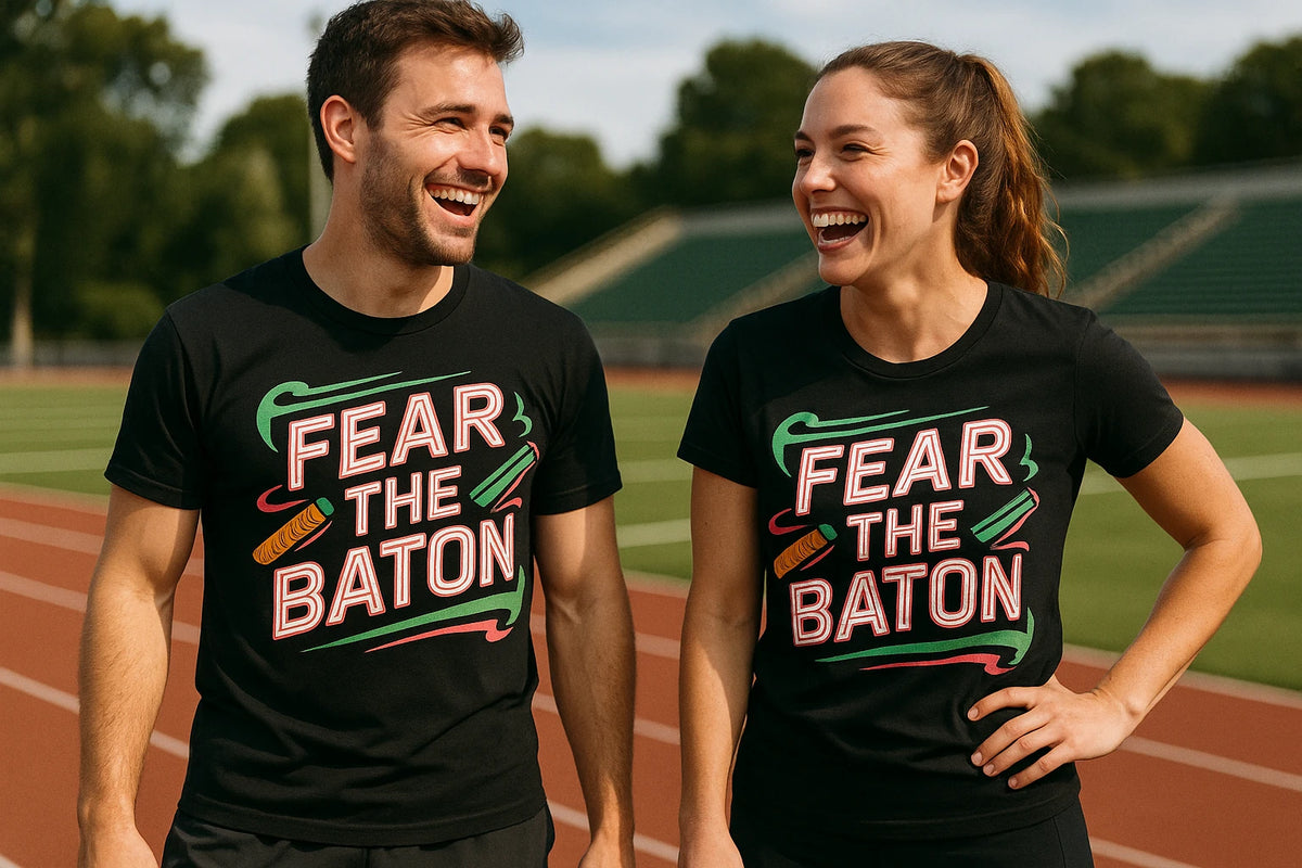 Person wearing the black track & field t shirt graphic tee - "Fear the Baton" design