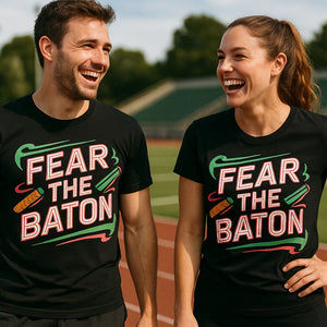 Person wearing the black track & field t shirt graphic tee - "Fear the Baton" design