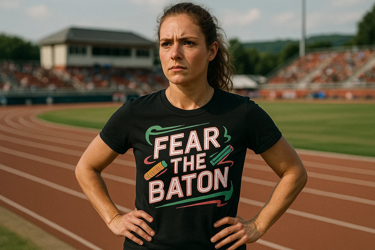 Lifestyle shot of the "Fear the Baton" black track & field t shirt in a real-world setting