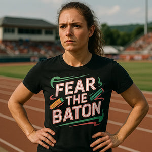 Lifestyle shot of the "Fear the Baton" black track & field t shirt in a real-world setting