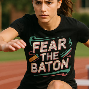 "Fear the Baton" black track & field t shirt, photographed as track and field lover gift
