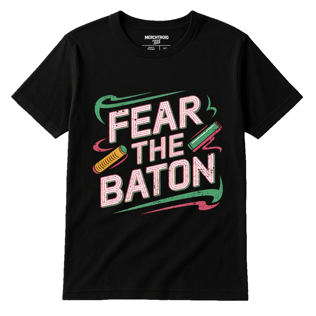 Black Track & Field T Shirt - "Fear the Baton" graphic tee with gray print, flat lay product photo