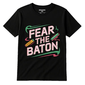 Black Track & Field T Shirt - "Fear the Baton" graphic tee with gray print, flat lay product photo