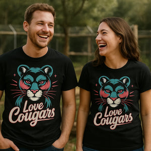 Person wearing the black cougar shirts graphic tee - "Love Cougars" design