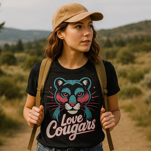Lifestyle shot of the "Love Cougars" black cougar shirts in a real-world setting