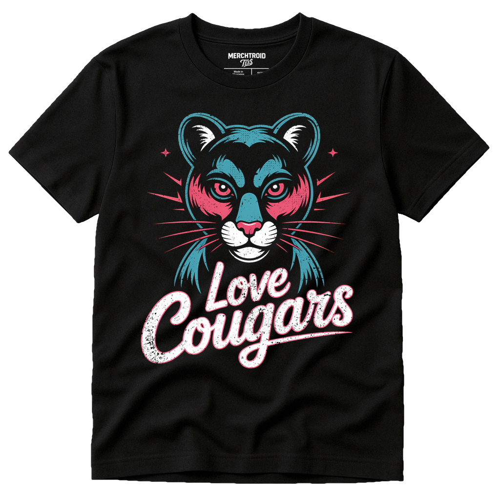 Black Cougar Shirts - "Love Cougars" graphic tee with gray print, flat lay product photo