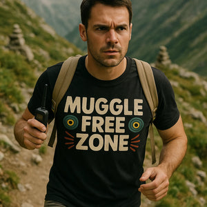 "Muggle Free Zone" black geocaching t shirt - also a gift geocaching premium membership