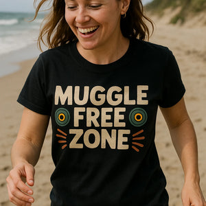 "Muggle Free Zone" black geocaching t shirt - also a geocaching present ideas