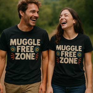 Person wearing the black geocaching t shirt graphic tee - "Muggle Free Zone" design