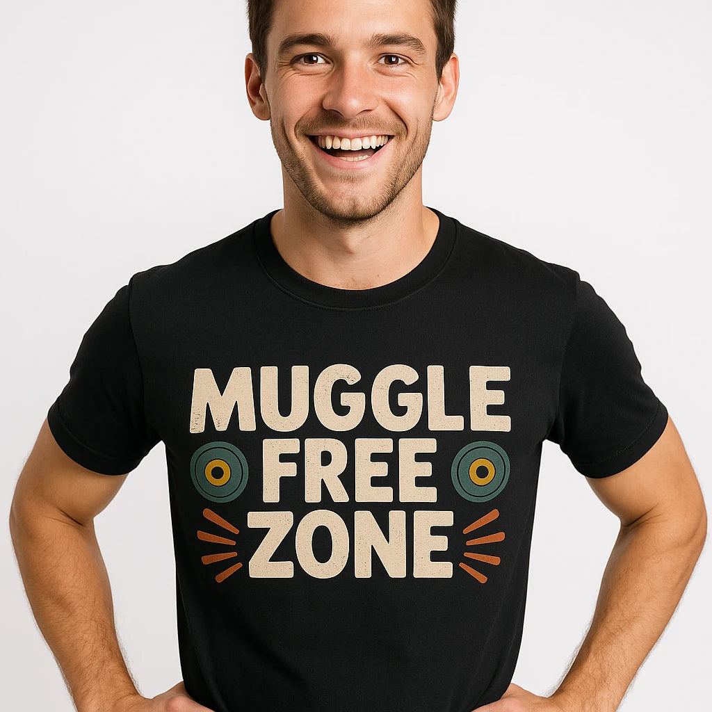 Close-up of the "Muggle Free Zone" beige print on a premium Bella+Canvas black geocaching t shirt