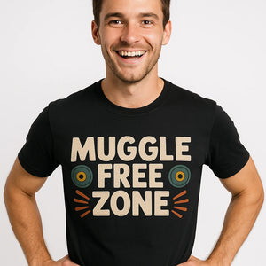 Close-up of the "Muggle Free Zone" beige print on a premium Bella+Canvas black geocaching t shirt
