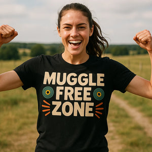Lifestyle shot of the "Muggle Free Zone" black geocaching t shirt in a real-world setting