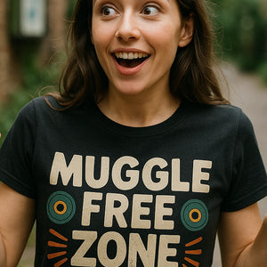 "Muggle Free Zone" black geocaching t shirt - also one of the best gifts for geocachers