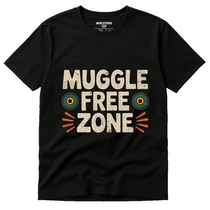 Black Geocaching T Shirt - "Muggle Free Zone" graphic tee with beige print, flat lay product photo