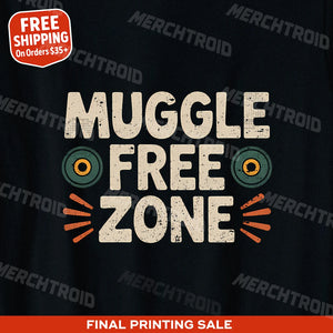 "Muggle Free Zone" black geocaching t shirt - a birthday gift for geocaching