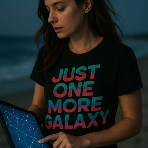"Just One More Galaxy" black stargazing shirts, photographed as gifts for stargazing lovers
