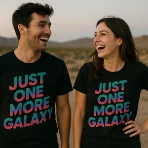 Person wearing the black stargazing shirts graphic tee - "Just One More Galaxy" design