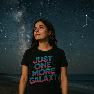 Lifestyle shot of the "Just One More Galaxy" black stargazing shirts in a real-world setting