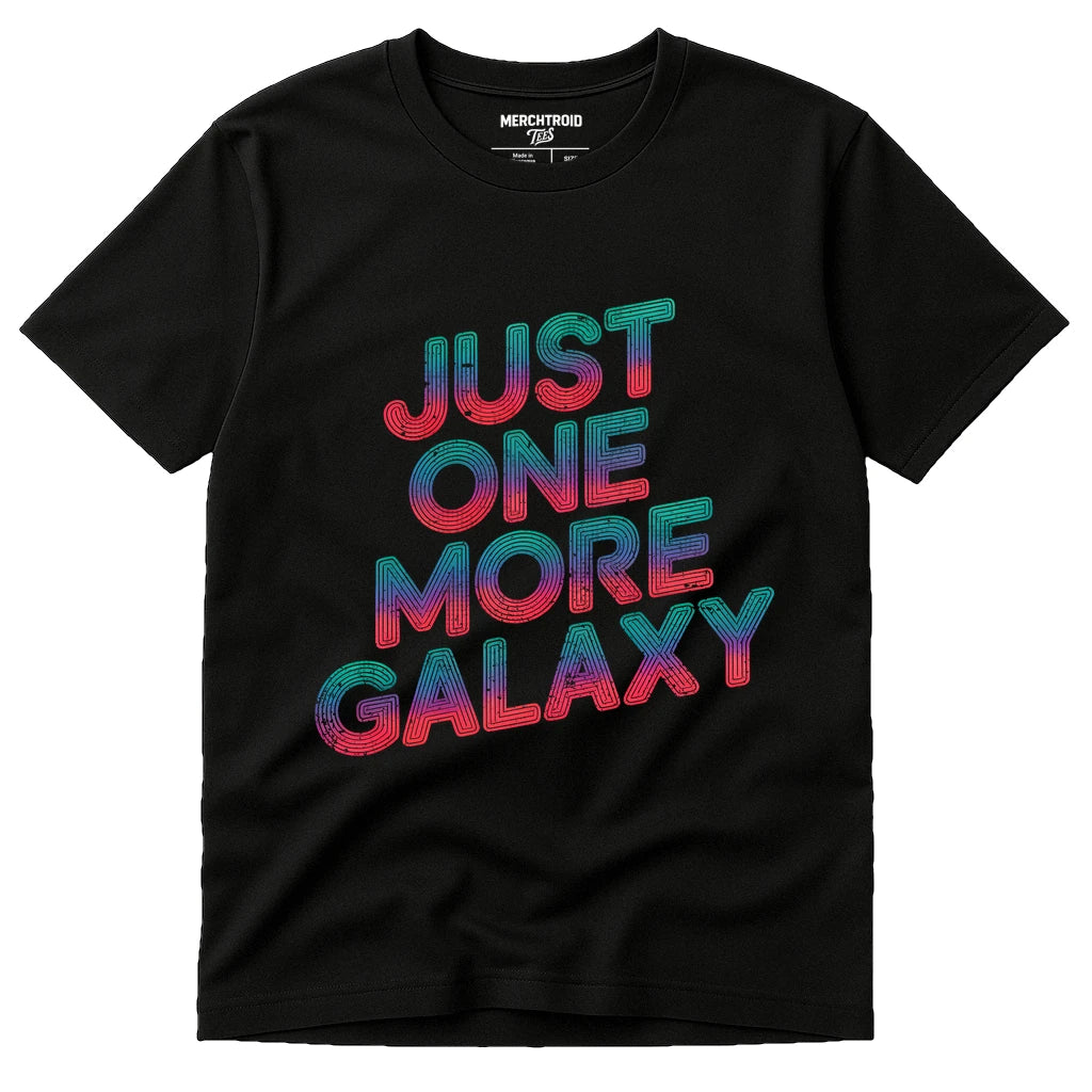 Black Stargazing Shirts - "Just One More Galaxy" graphic tee with teal print, flat lay product photo