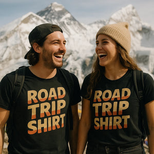 Person wearing the black adventure travel t shirt graphic tee - "Road Trip Shirt" design