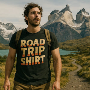 Lifestyle shot of the "Road Trip Shirt" black adventure travel t shirt in a real-world setting