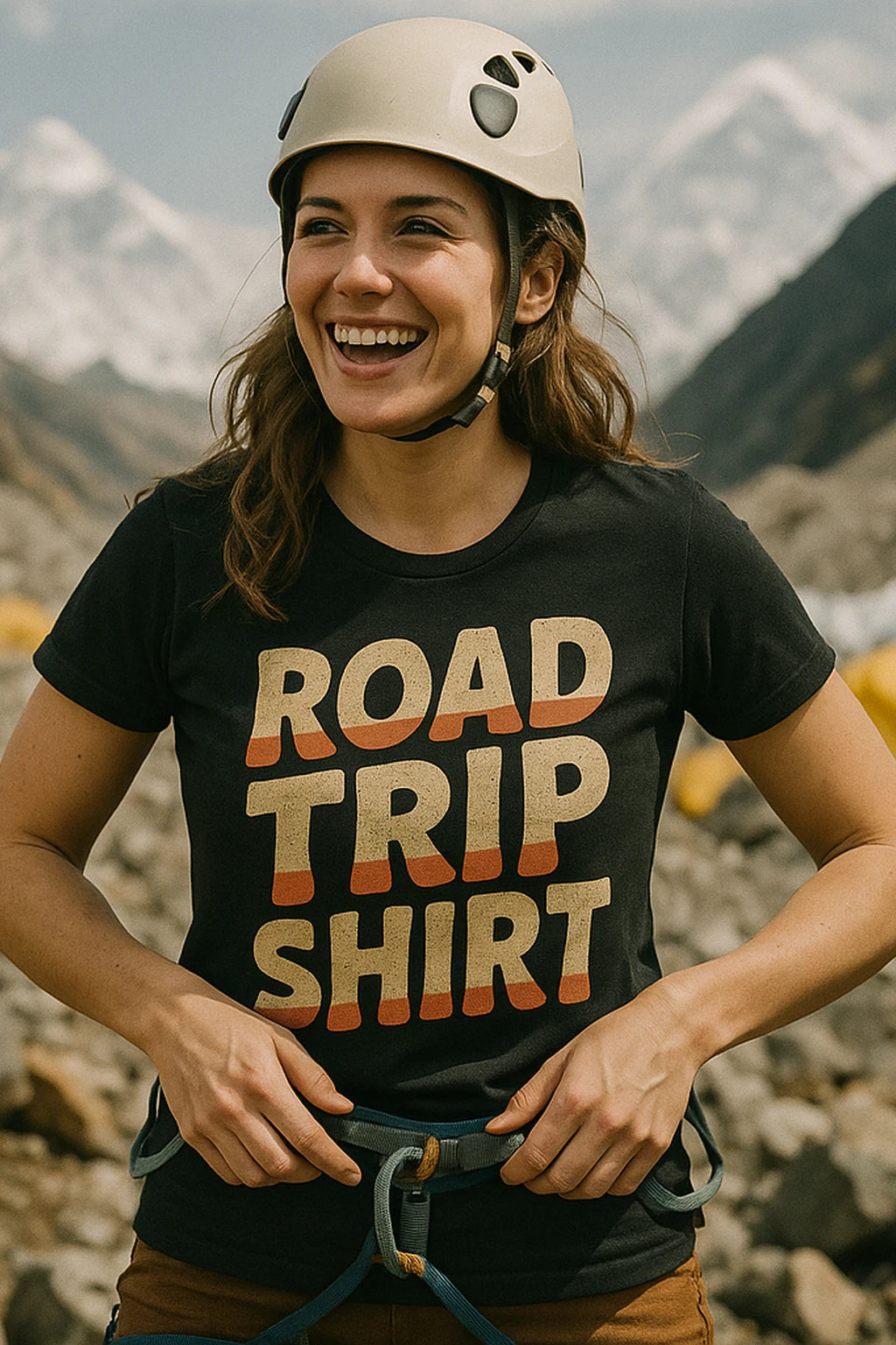 "Road Trip Shirt" black adventure travel t shirt, photographed as adventure travel lover gift