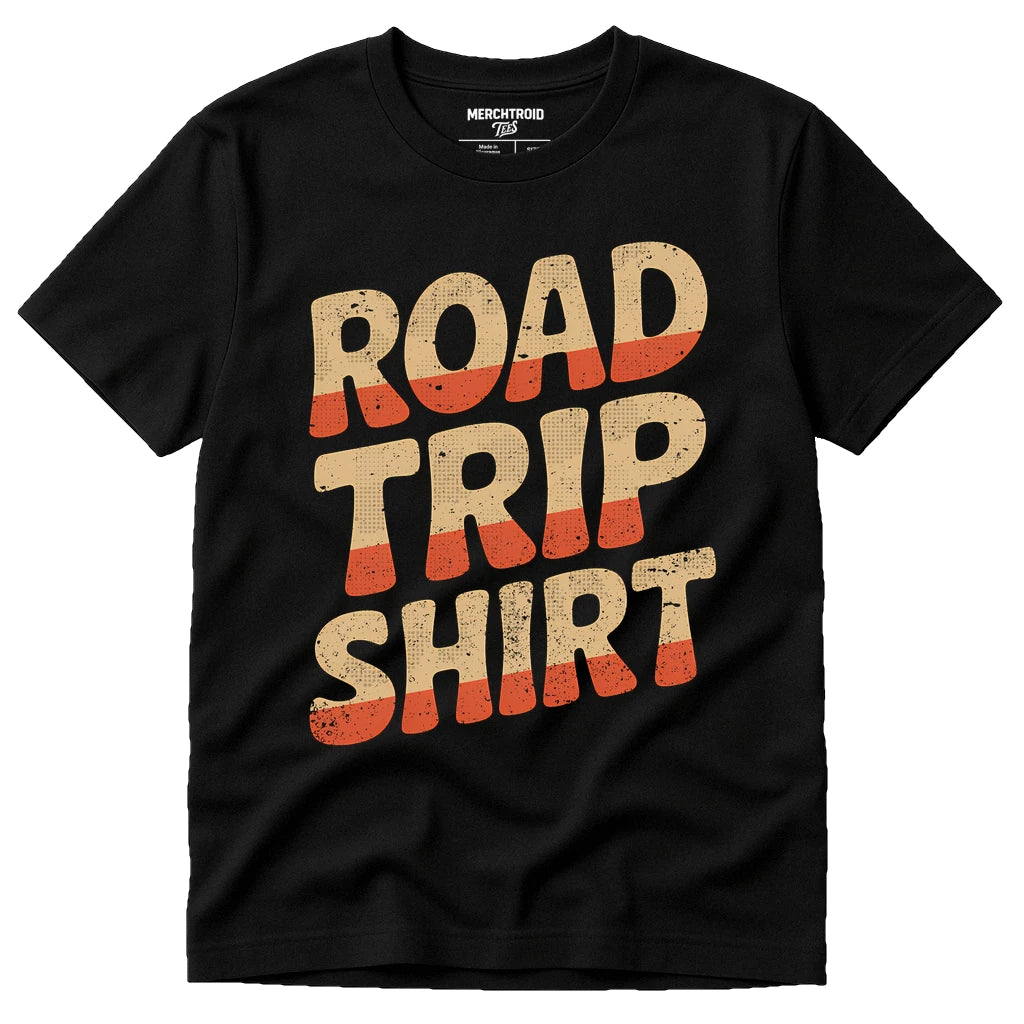 Black Adventure Travel T Shirt - "Road Trip Shirt" graphic tee with tan print, flat lay product photo