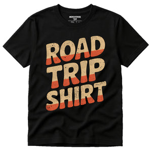 Black Adventure Travel T Shirt - "Road Trip Shirt" graphic tee with tan print, flat lay product photo