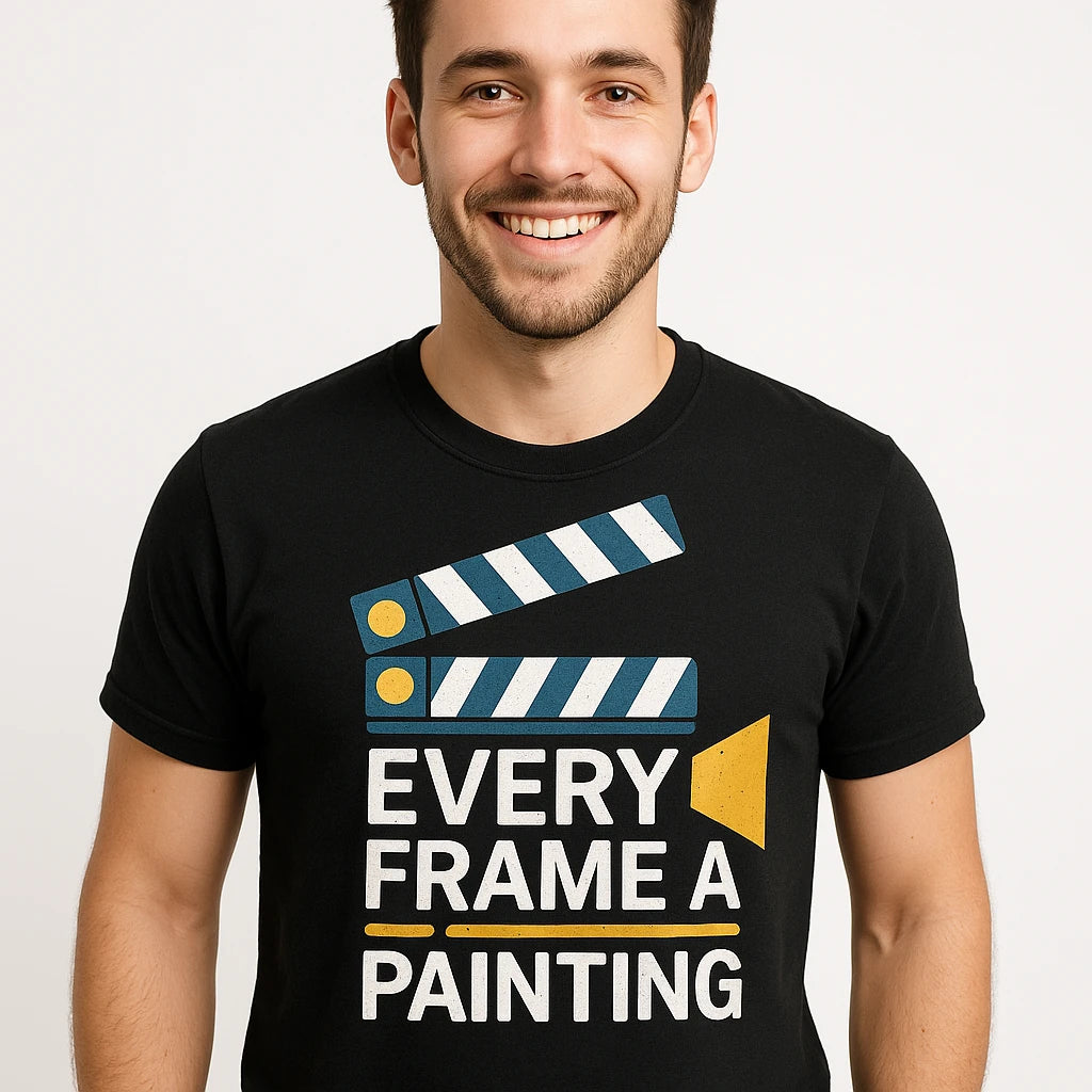 Close-up of the "Every Frame a Painting" white print on a premium Bella+Canvas black film director shirts