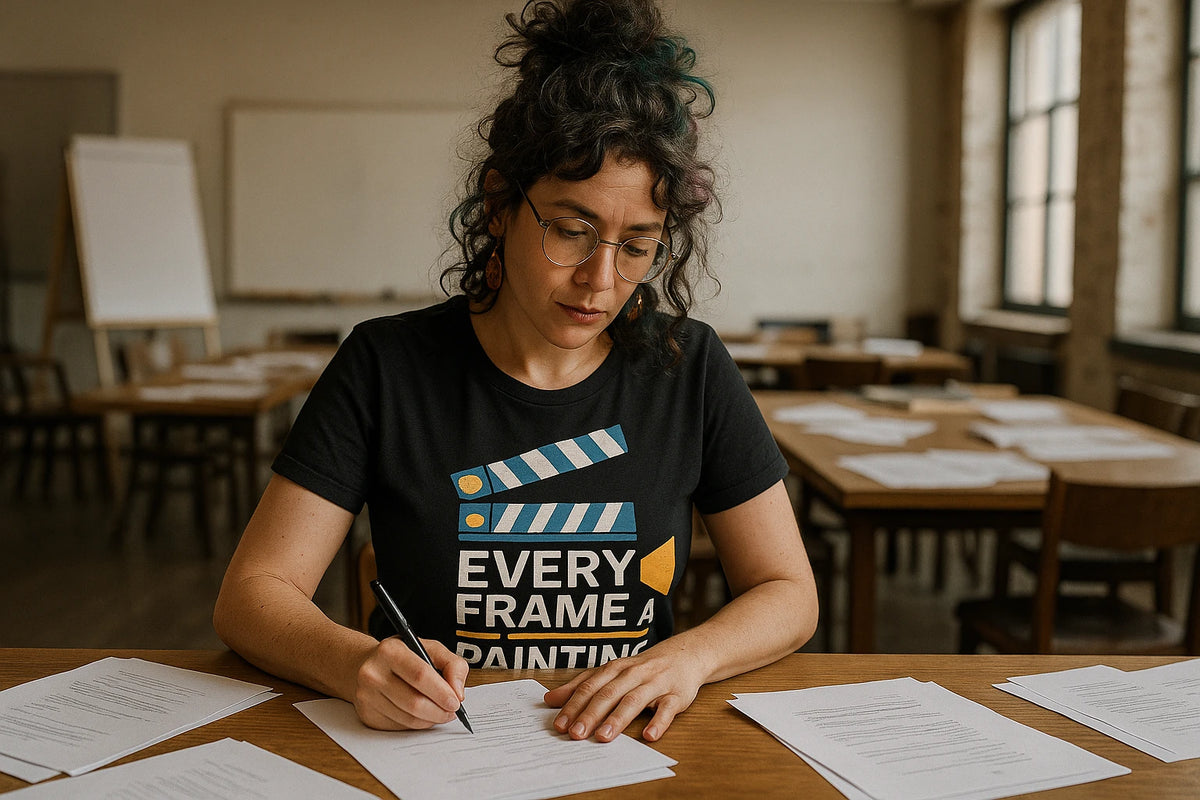 Lifestyle shot of the "Every Frame a Painting" black film director shirts in a real-world setting