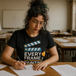Lifestyle shot of the "Every Frame a Painting" black film director shirts in a real-world setting