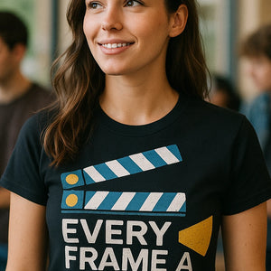 "Every Frame a Painting" black film director shirts, photographed as film director lover gift