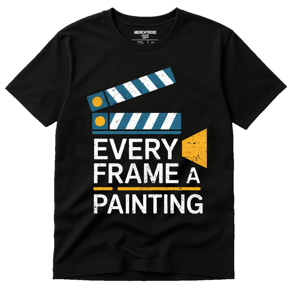 Black Film Director Shirts - "Every Frame a Painting" graphic tee with white print, flat lay product photo