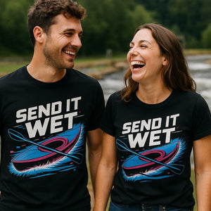 Person wearing the black kayaking t shirt graphic tee - "Send It Wet" design