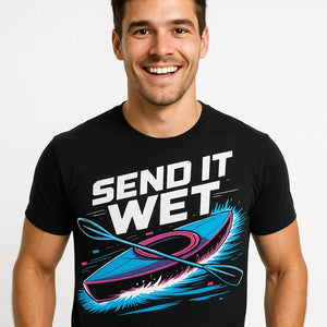 Close-up of the "Send It Wet" teal print on a premium Bella+Canvas black kayaking t shirt